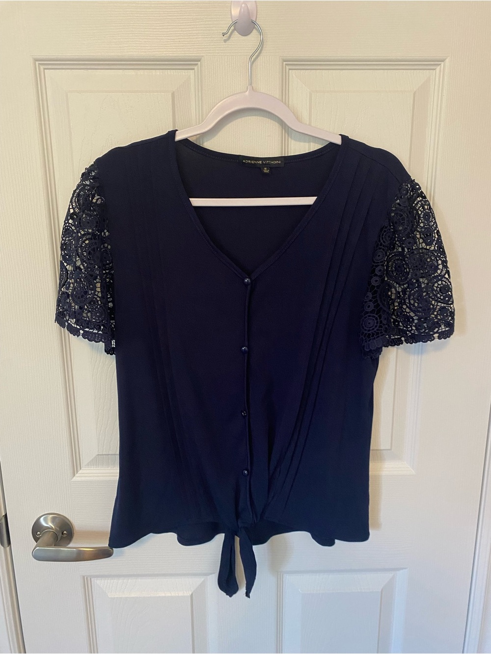 (2 for $20) Adrienne Vittadini Navy Lace-Sleeve Tie-Front Blouse